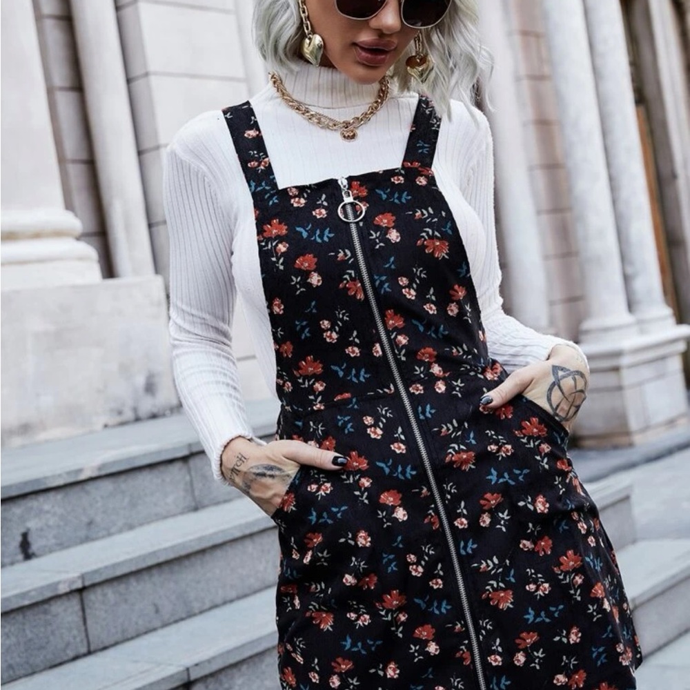 Floral Corduroy Zip Front Dress